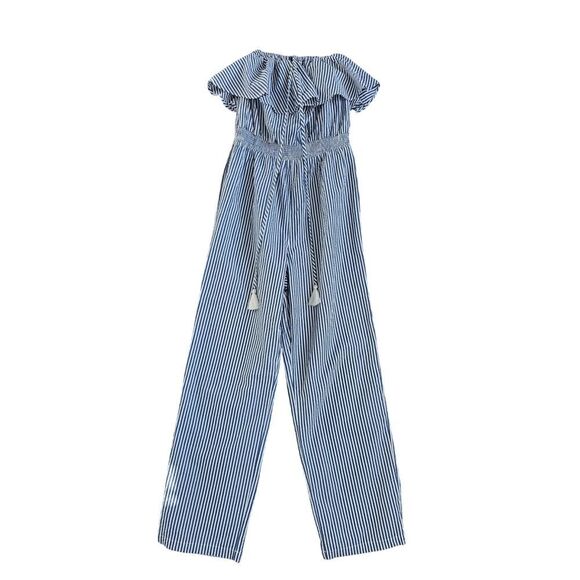 J.Crew XXS Seersucker Jumpsuit Blue White Striped Ruffle Sleeveless Cropped - Picture 2 of 8